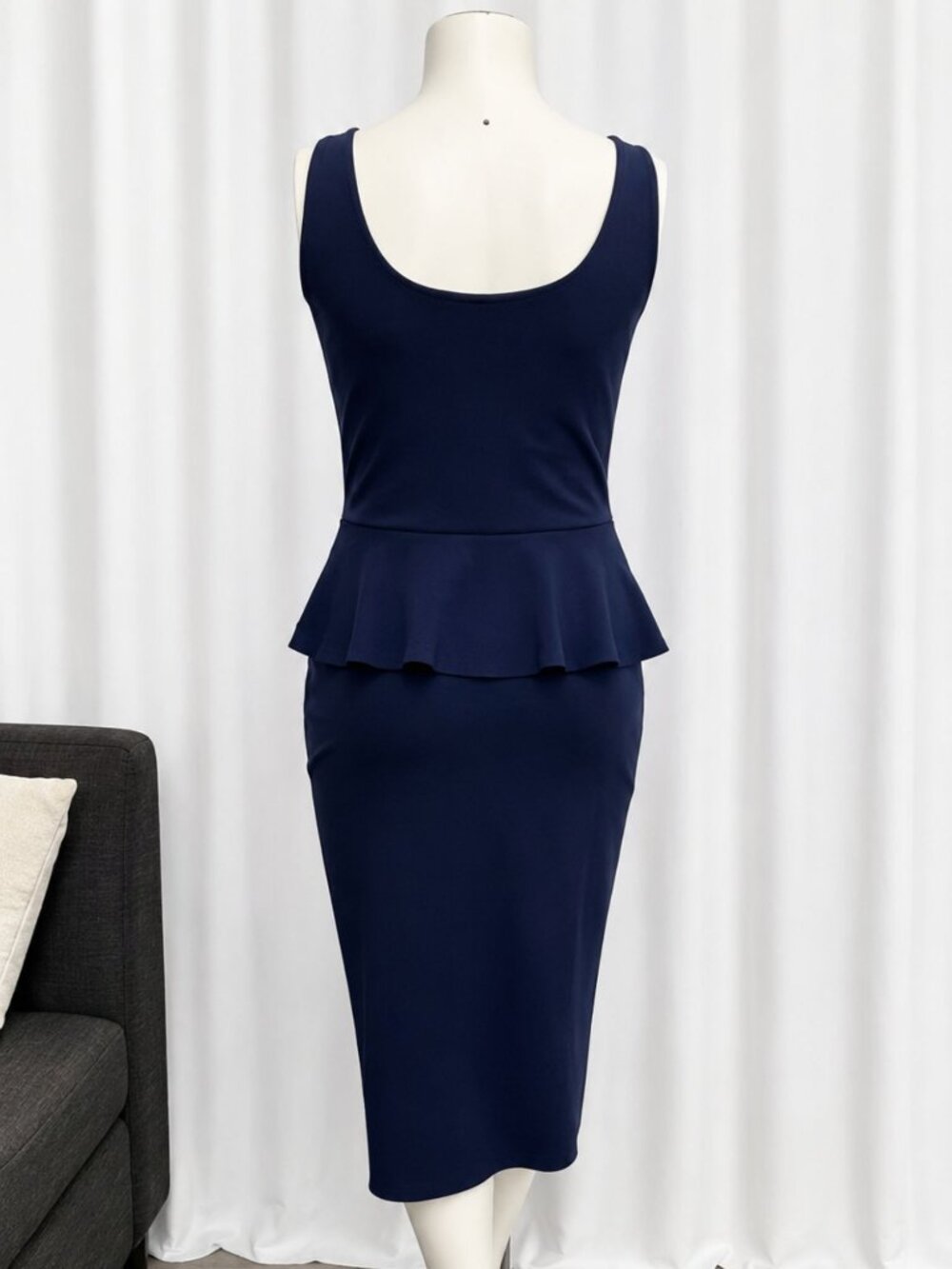 Rent the Runway-Chiara Boni Navy Peplum Midi Dress US size 12 - Picture 9 of 10